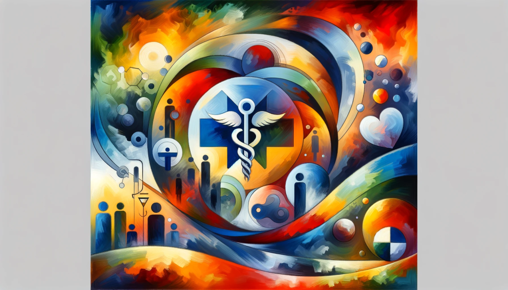 a colorful art with a cross and people