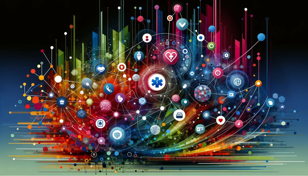 a colorful background with many icons