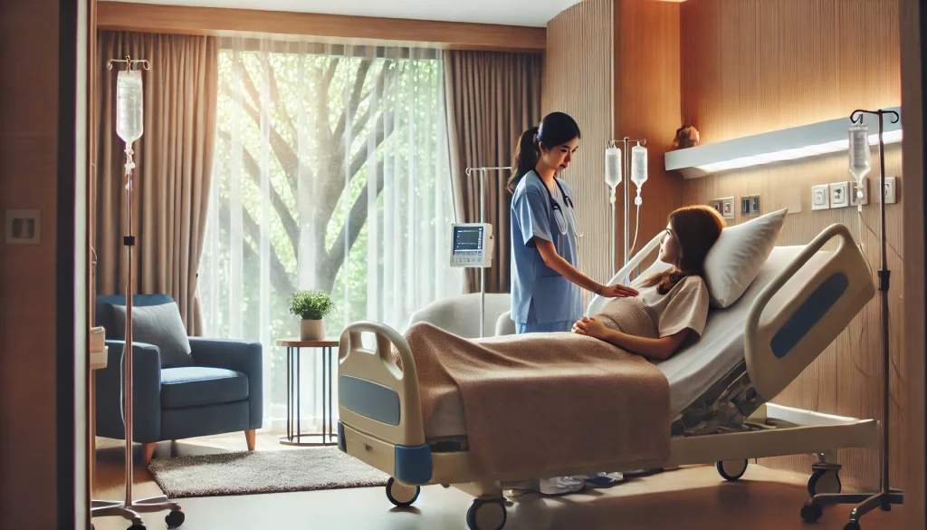 a woman in a hospital bed