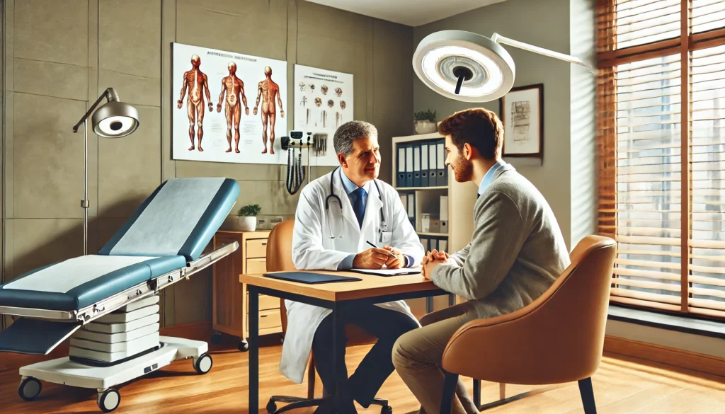 a man in a white coat talking to a man in a medical office