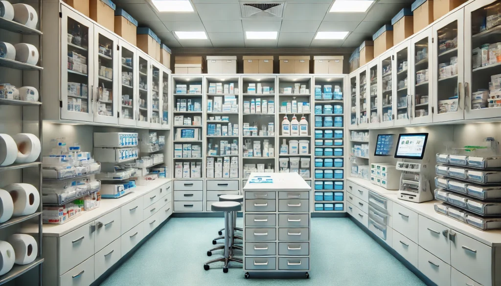 a room with shelves of medicine and a stool