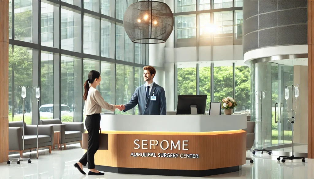 a man and woman shaking hands in a hospital reception